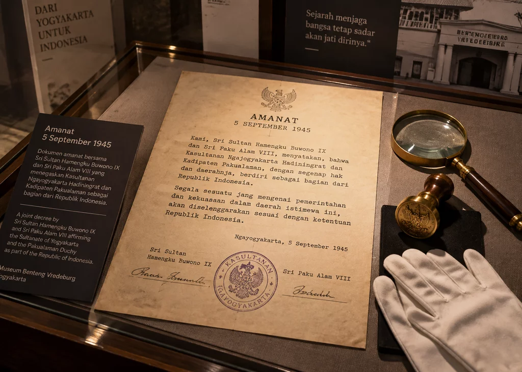 Salinan naskah dokumen bersejarah Amanat 5 September 1945 di Museum Benteng Vredeburg Yogyakarta.