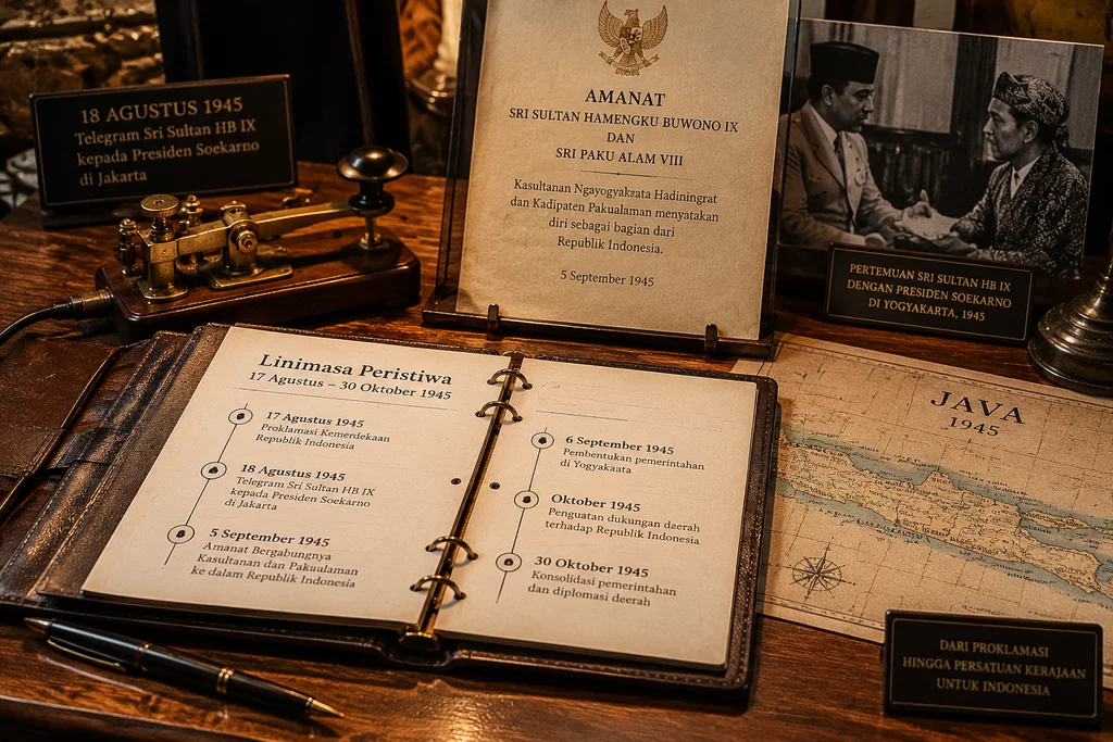 Replika telegraf dan dokumen kronologi integrasi Yogyakarta ke NKRI periode Agustus hingga Oktober 1945.