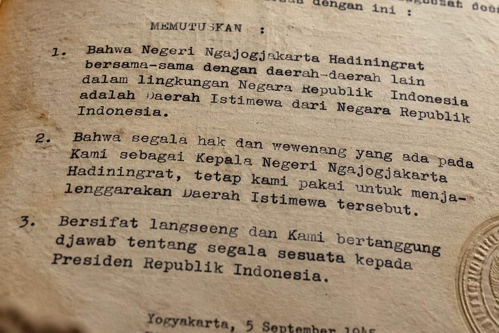 Ketikan naskah asli tiga butir pokok Amanat 5 September 1945 Sri Sultan Hamengku Buwono IX.
