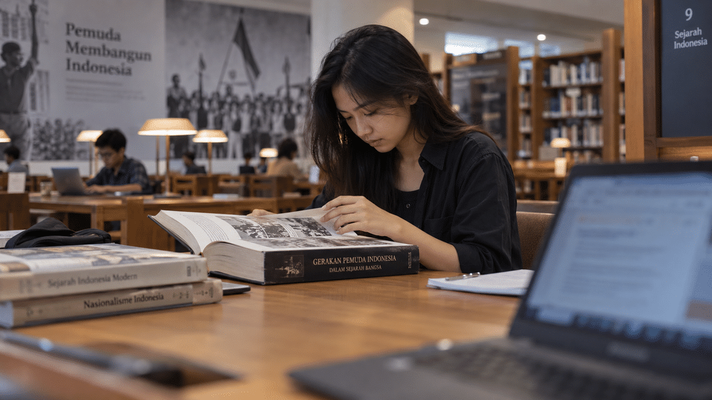 Jelang Sumpah Pemuda ke-98, Ini Sejarah Kongres Pemuda II 1928 3 Mahasiswa universitas sedang membaca buku tebal tentang sejarah pergerakan nasional di perpustakaan.