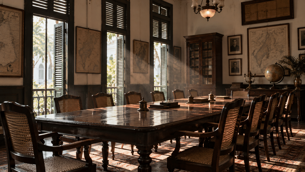 Jelang Sumpah Pemuda ke-98, Ini Sejarah Kongres Pemuda II 1928 4 Ruang rapat klasik dengan deretan kursi kayu kosong dan meja panjang, merepresentasikan suasana diskusi historis pra-kemerdekaan.