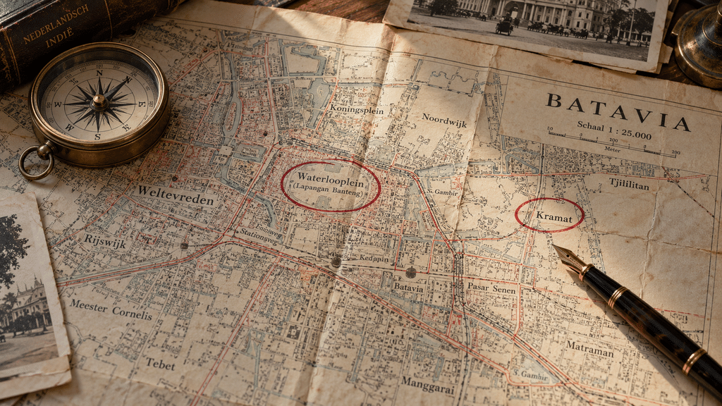 Jelang Sumpah Pemuda ke-98, Ini Sejarah Kongres Pemuda II 1928 5 Peta vintage Batavia (Jakarta) tahun 1920-an dengan penanda lingkaran tinta merah pada lokasi-lokasi rapat Kongres Pemuda II.