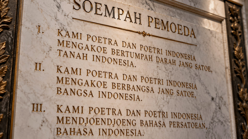 Jelang Sumpah Pemuda ke-98, Ini Sejarah Kongres Pemuda II 1928 7 Tampilan jarak dekat (close-up) pahatan teks asli Sumpah Pemuda dengan ejaan van Ophuijsen pada prasasti marmer di museum.