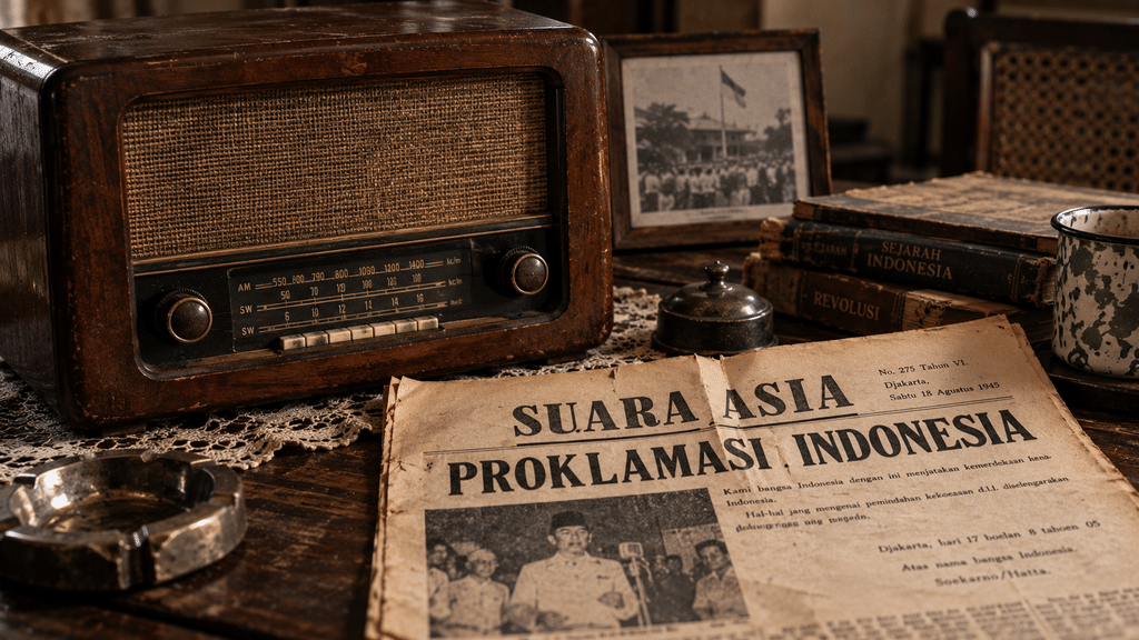 Jelang Sumpah Pemuda ke-98, Ini Sejarah Kongres Pemuda II 1928 9 Radio tabung berbahan kayu dari era 1940-an berdampingan dengan koran lawas yang memberitakan kemerdekaan Indonesia.