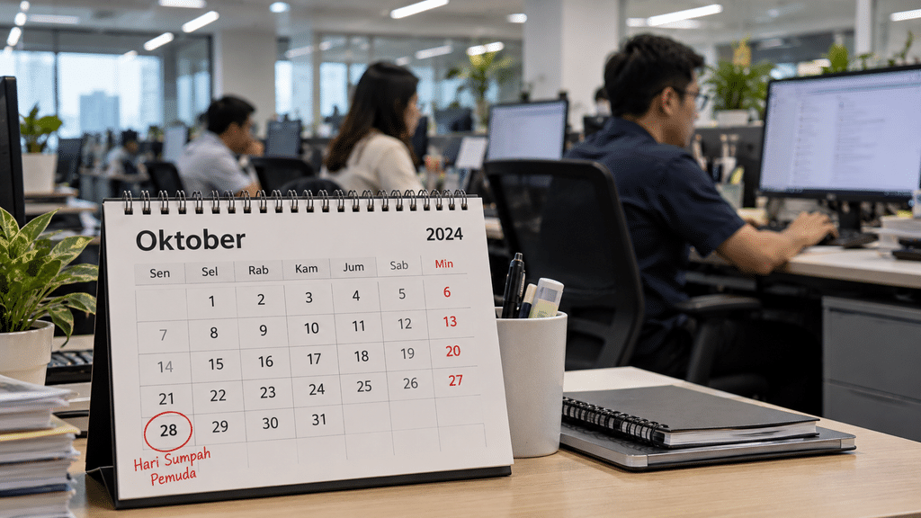 Jelang Sumpah Pemuda ke-98, Ini Sejarah Kongres Pemuda II 1928 10 Kalender meja di sebuah kantor yang melingkari tanggal 28 Oktober, sementara aktivitas kerja tetap berlangsung normal di latar belakang.