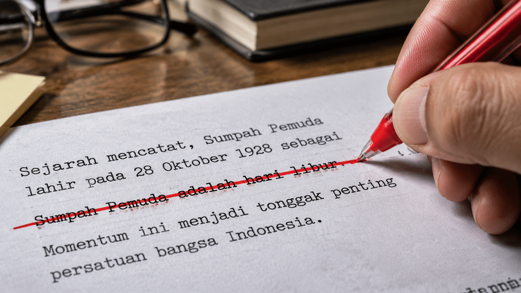 Jelang Sumpah Pemuda ke-98, Ini Sejarah Kongres Pemuda II 1928 12 Tangan seseorang memegang pena merah, dengan tegas mencoret draf tulisan yang memuat fakta sejarah yang keliru.