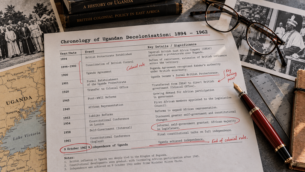 Fakta Uganda Merdeka 9 Oktober 1962 lewat Perundingan, Bukan Perang 6 Lembar matriks kronologis dekolonisasi Uganda dari era protektorat 1894 hingga sidang PBB 1962 tersusun di atas meja editor.