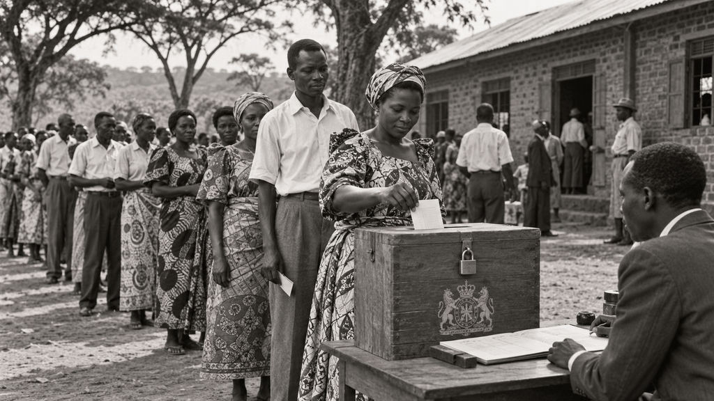 Fakta Uganda Merdeka 9 Oktober 1962 lewat Perundingan, Bukan Perang 8 Warga Uganda mengantre tertib memasukkan surat suara ke dalam kotak suara kayu pada pemilu legislatif bersejarah April 1962.